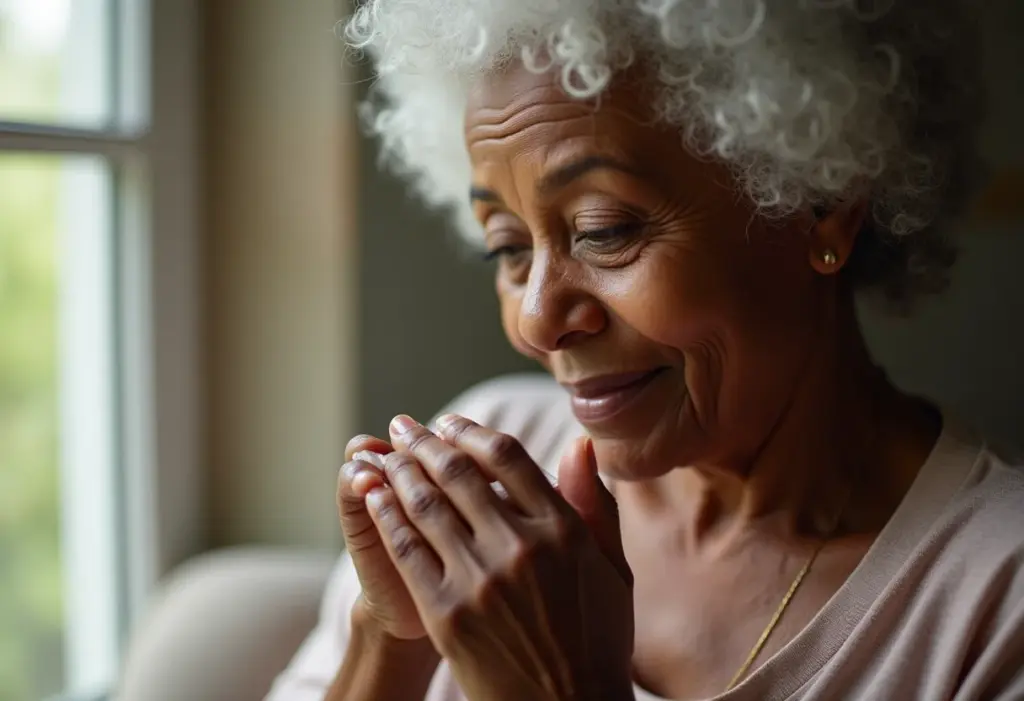 Mulher negra madura aplicando creme para as mãos.