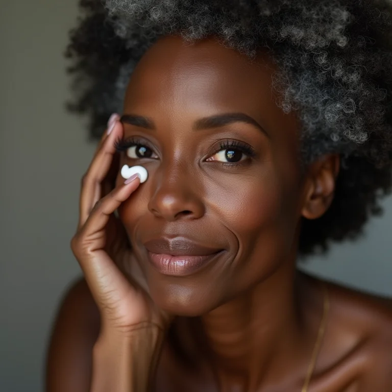 Mulher negra madura aplicando creme para os olhos