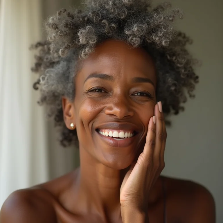 Mulher negra madura aplicando sérum facial.
