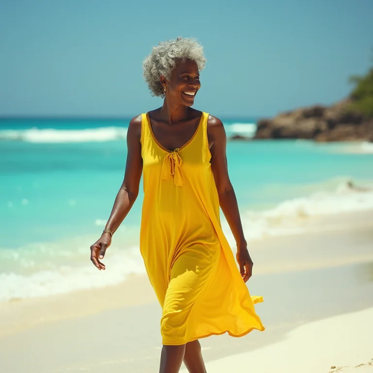 Mulher negra madura caminhando em praia paradisíaca em Porto Seguro