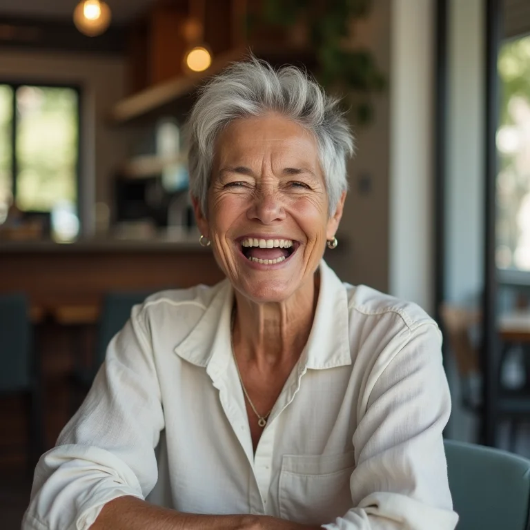 Mulher negra madura com corte pixie moderno em café
