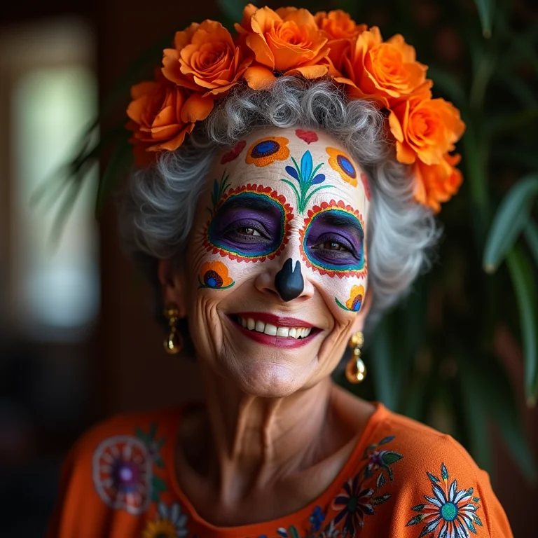 Mulher negra madura com maquiagem de caveira mexicana para o Dia de los Muertos