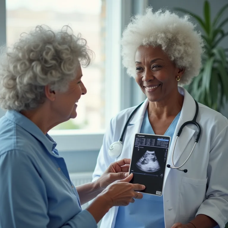 Mulher negra madura consultando médico sobre tratamentos pós-parto