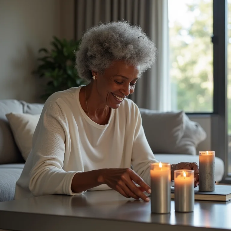 Mulher negra madura decorando mesa de centro moderna com estanho.