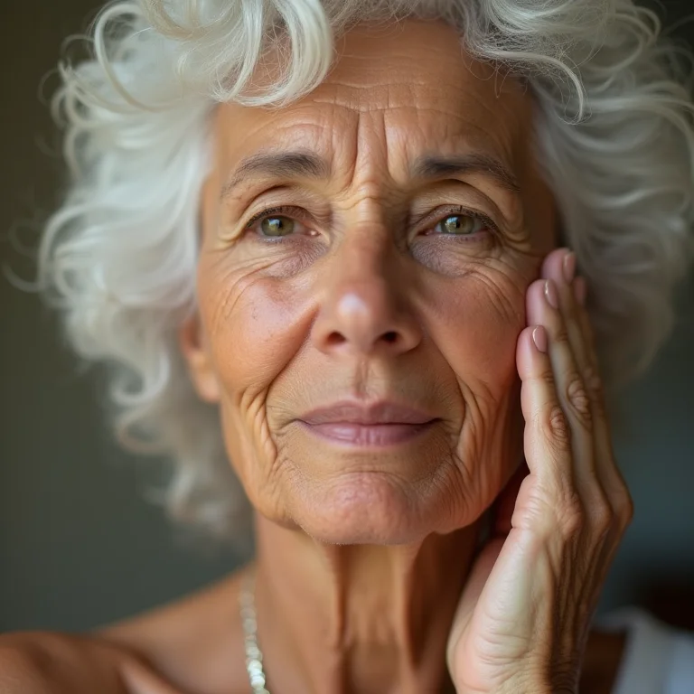 Mulher negra madura massageando o rosto com as pontas dos dedos.