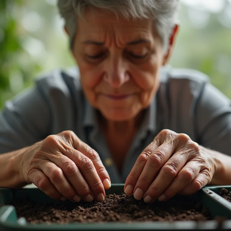 Mulher negra madura plantando sementes em bandeja de mudas