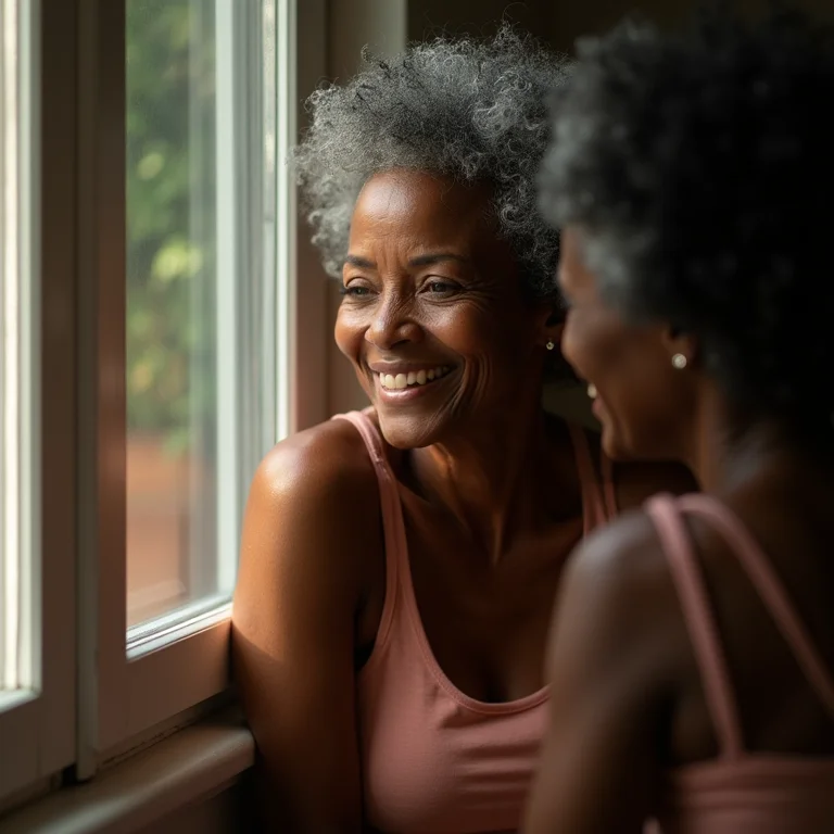 Mulher negra madura radiante admirando seu reflexo no espelho.