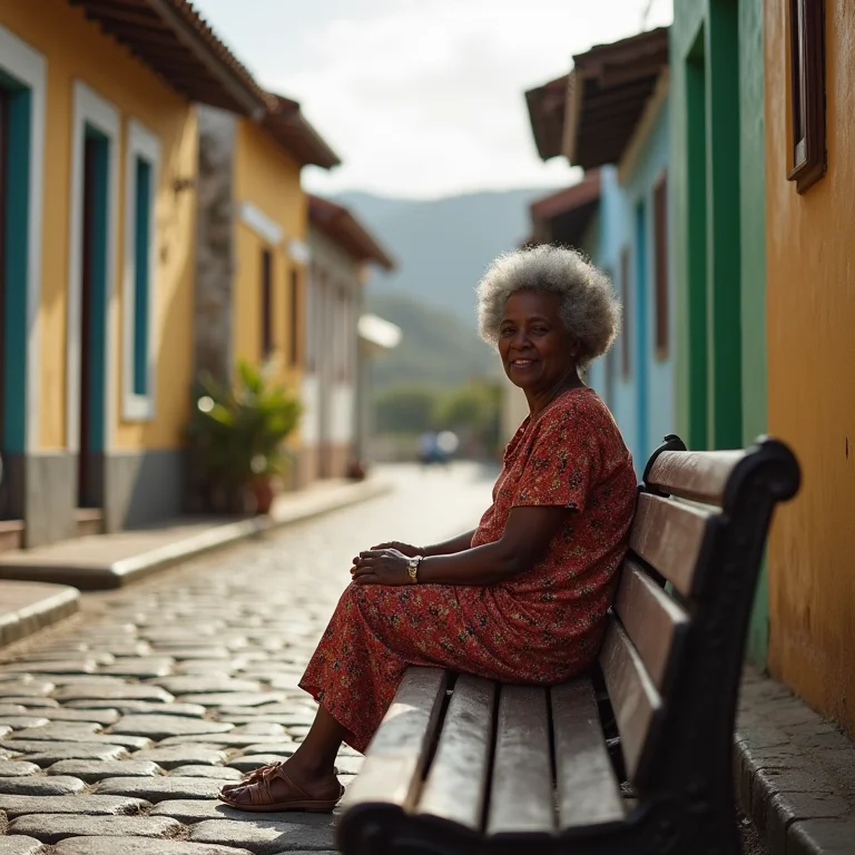 Mulher negra madura sentada em banco em vilarejo charmoso no Rio Santos.
