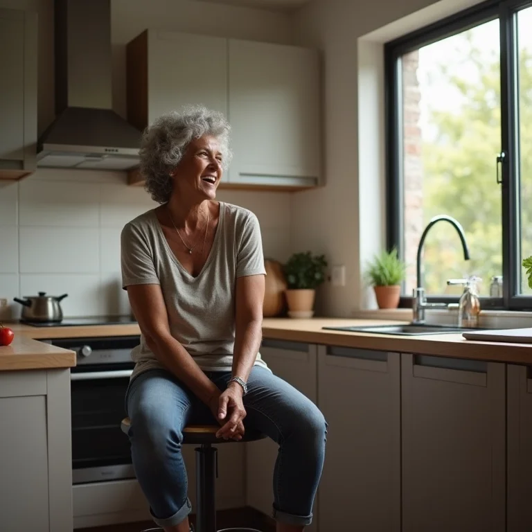 Mulher negra madura sentada em banqueta giratória