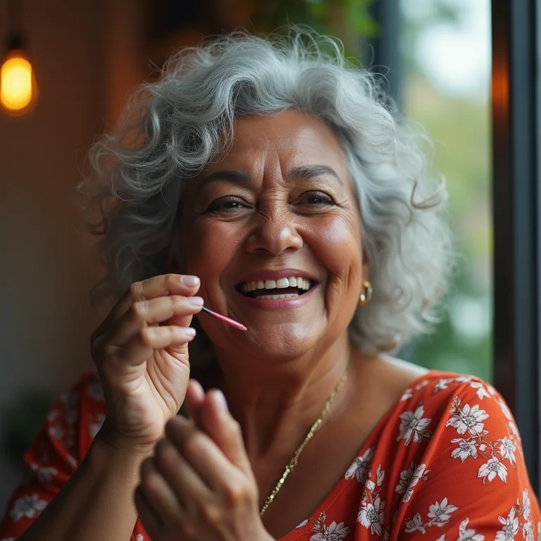 Mulher negra madura sorrindo enquanto aplica gloss labial com cor