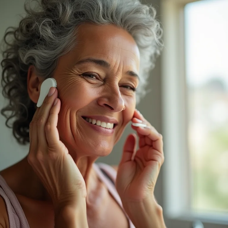 Mulher negra madura sorrindo enquanto aplica hidratante facial no rosto.