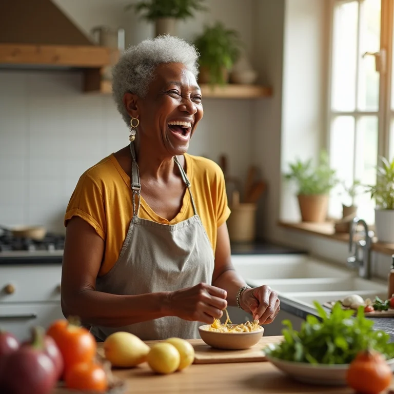 Mulher negra madura sorrindo enquanto cozinha.