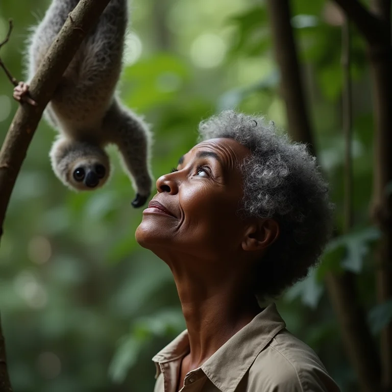 Mulher negra observando bicho-preguiça