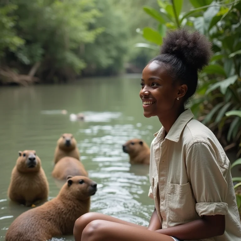 Mulher negra observando capivaras no Pantanal