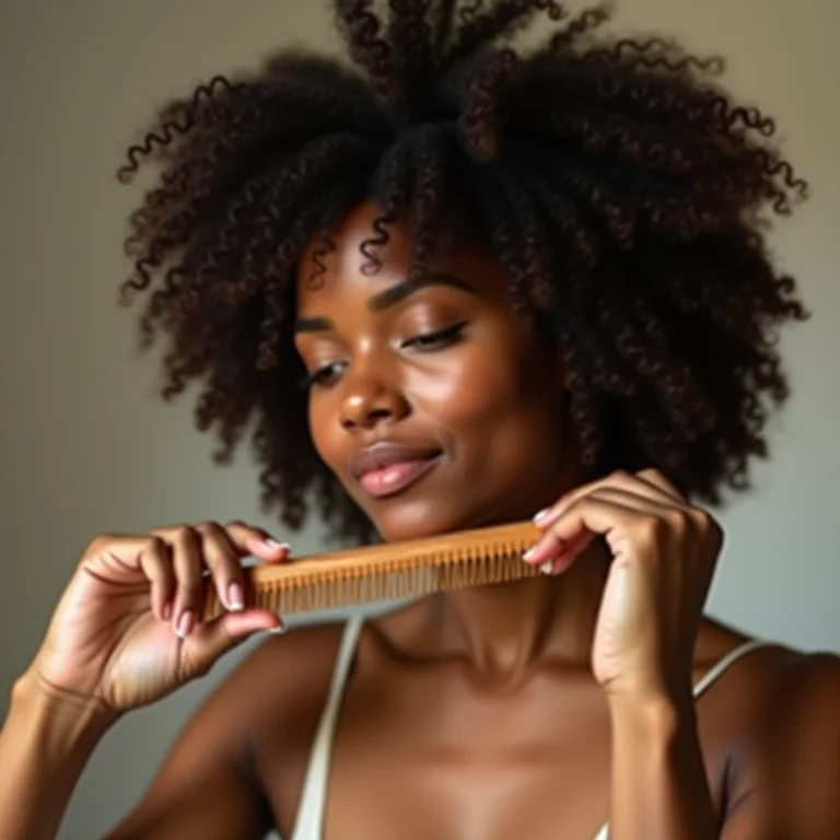 Mulher negra penteando o cabelo crespo com cuidado