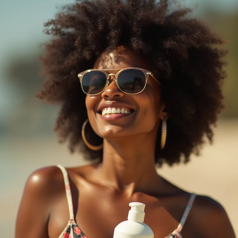 Mulher negra plus-size aplicando protetor solar no cabelo.