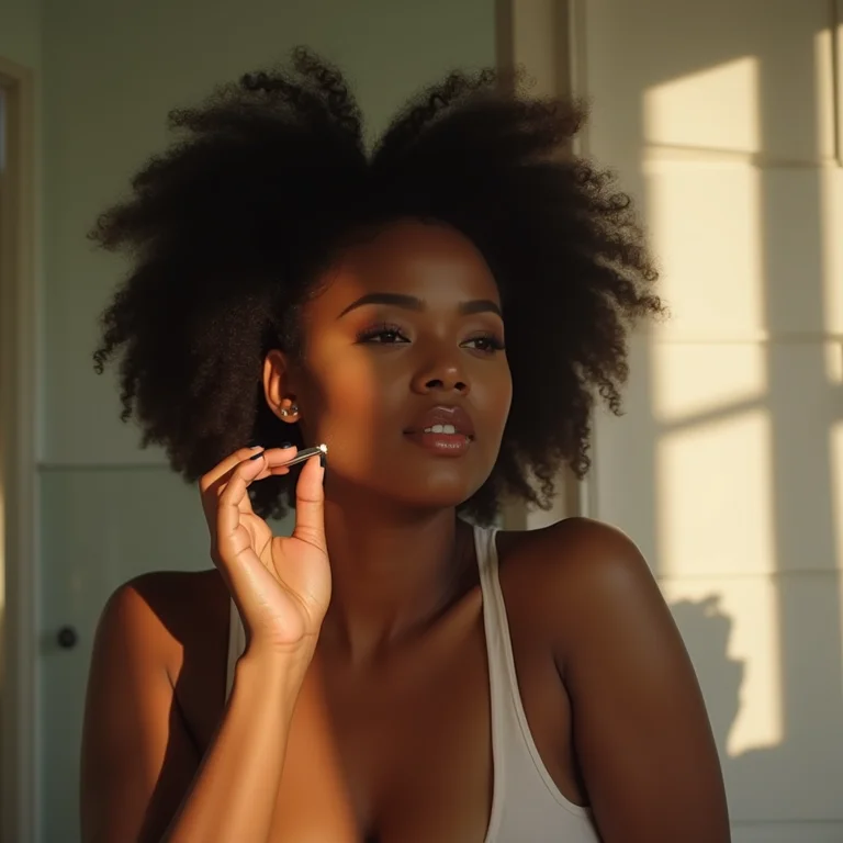 Mulher negra plus-size aplicando serum facial