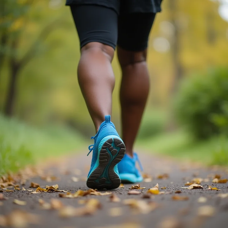 Mulher negra plus-size e madura caminhando no parque com tênis confortáveis.