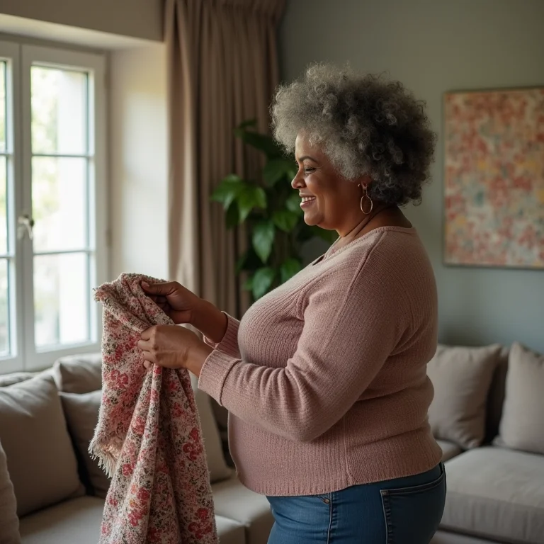 Mulher negra plus-size escolhendo cor de tapete.