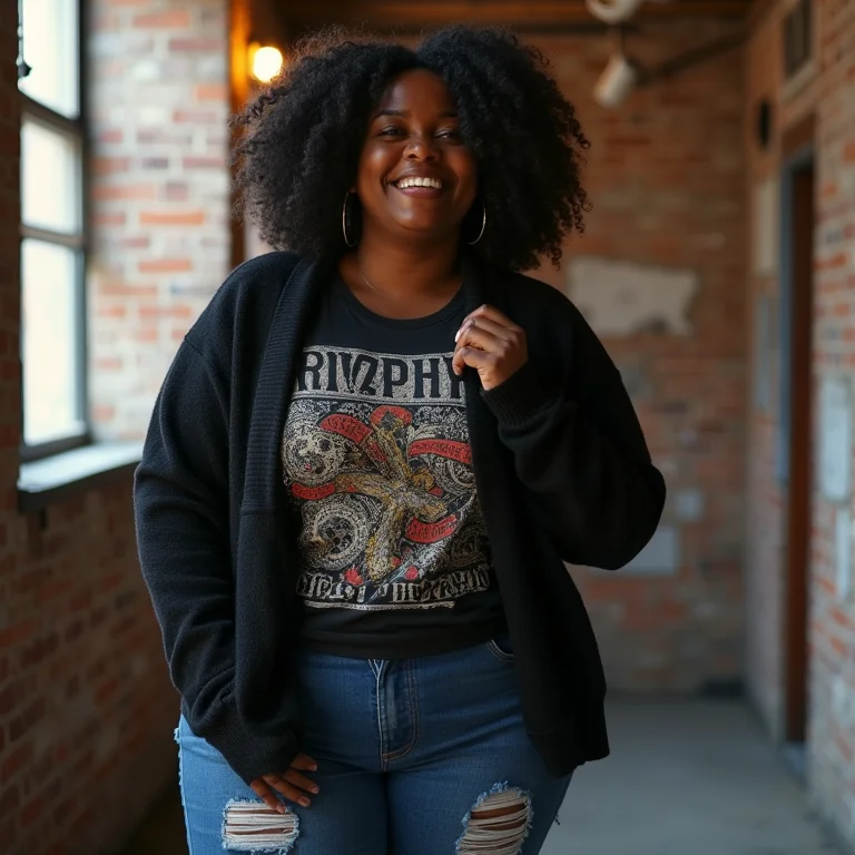 Mulher negra plus-size usando cardigã com camiseta estampada