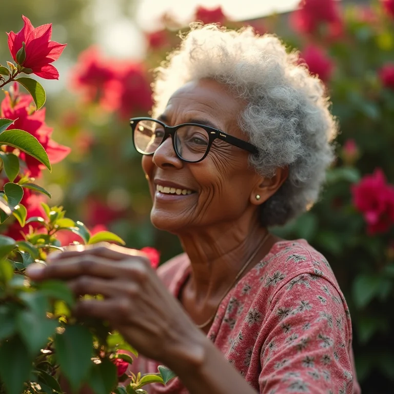 Mulher negra podando flores de bougainvillea no jardim