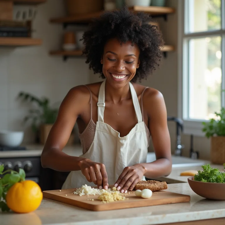 Mulher negra preparando comida em bancada de pedra natural na cozinha.