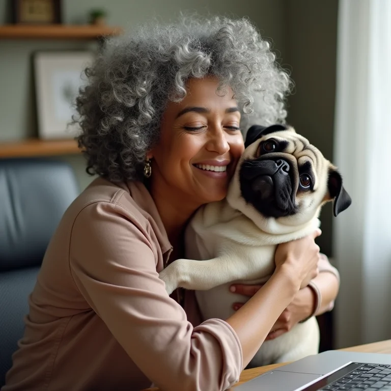 Mulher negra recebendo abraço de pug