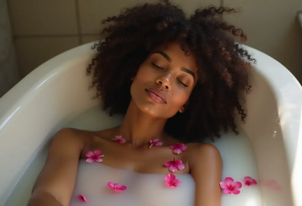 Banho de Lua: O segredo para clarear os pelos sem irritar a pele Mulher negra relaxando em banho de lua com pétalas.