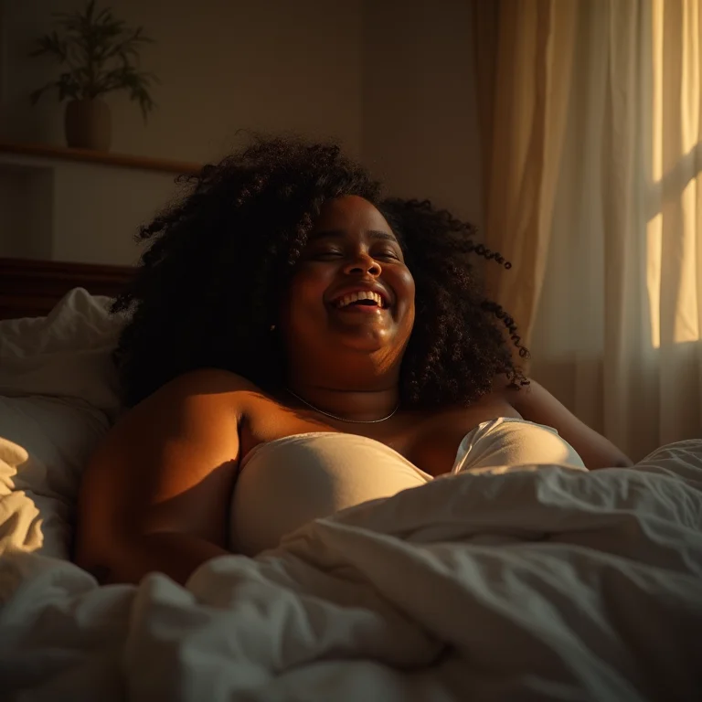 Mulher negra relaxando em quarto iluminado por spots de luz.