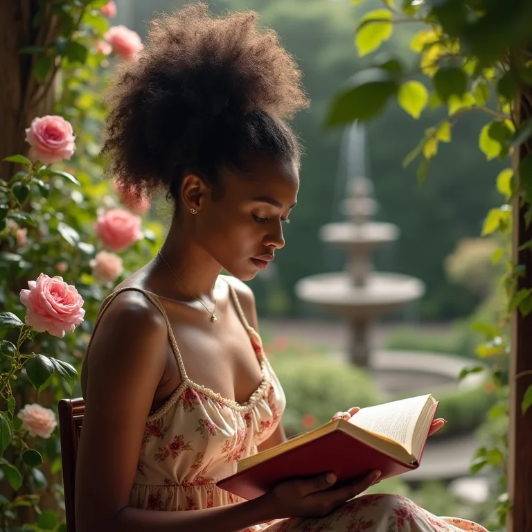 Mulher negra relaxando em um jardim secreto em Florença