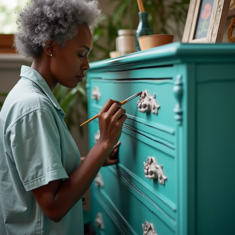 Mulher negra renovando cômoda vintage