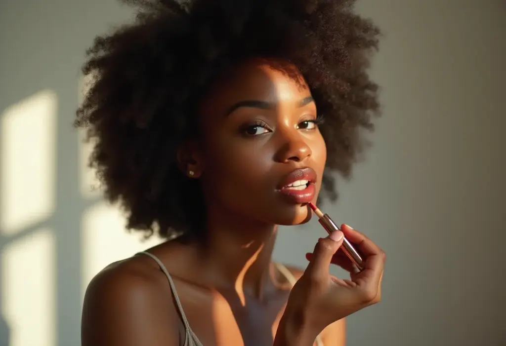 Mulher negra retinta aplicando batom nude