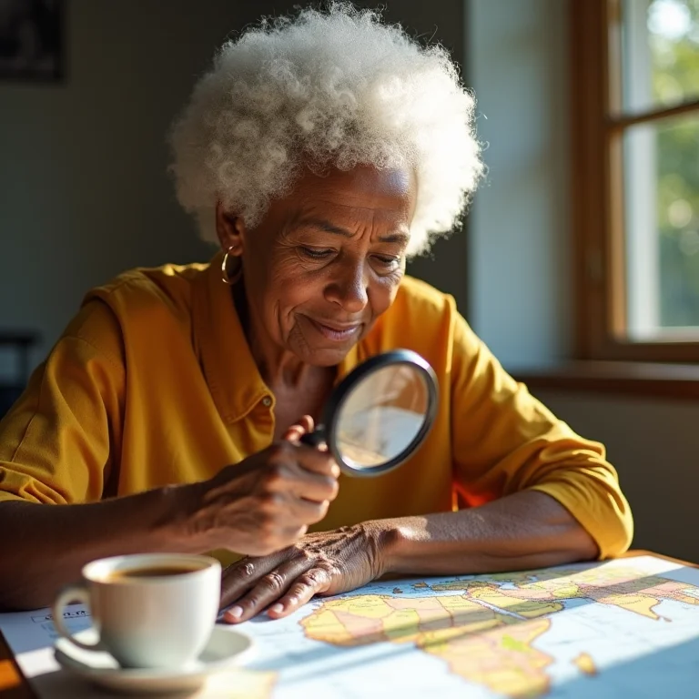 Mulher negra sênior examinando mapa com lupa.