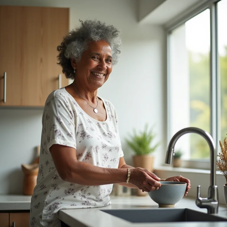 Mulher negra sênior lavando louça em cozinha com península e pia