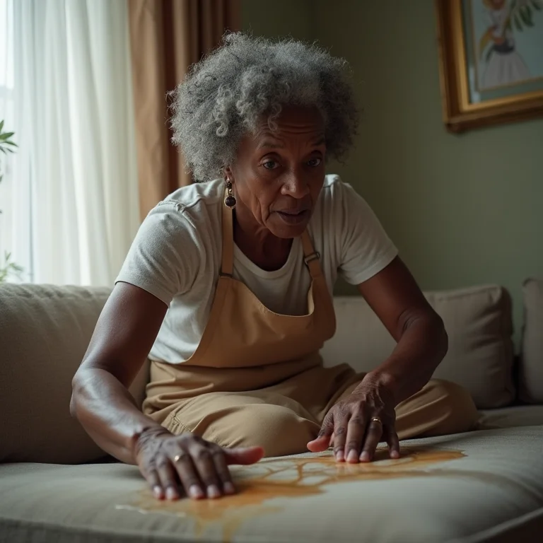 Mulher negra sênior limpando líquido derramado no sofá.