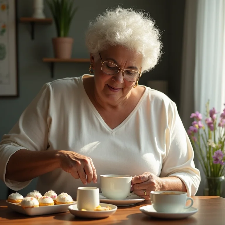 Mulher negra sênior preparando cantinho do café de Páscoa.