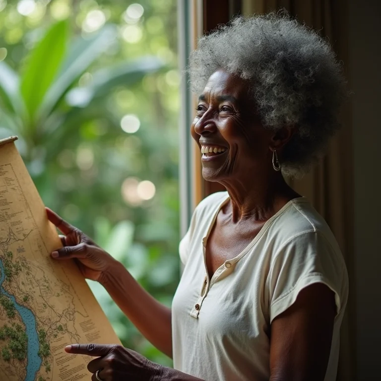 Mulher negra sênior sorrindo e apontando para cachoeira escondida no mapa.
