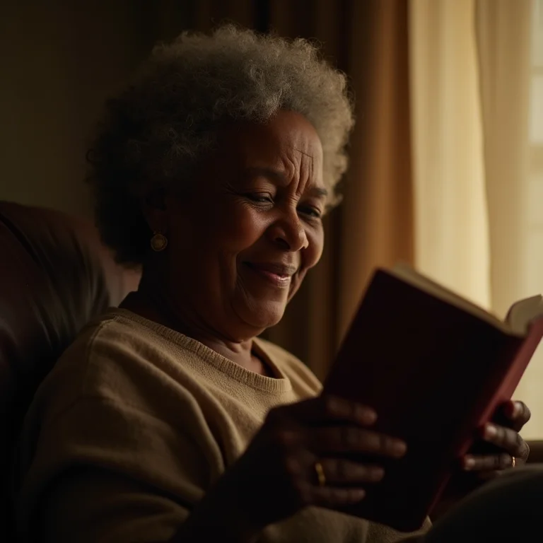 Mulher negra sênior tentando ler com cortina bloqueando a luz