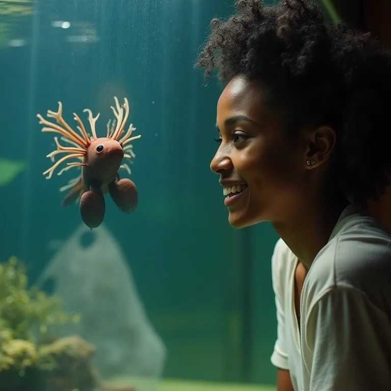 Mulher negra sorrindo ao observar um axolote em aquário.
