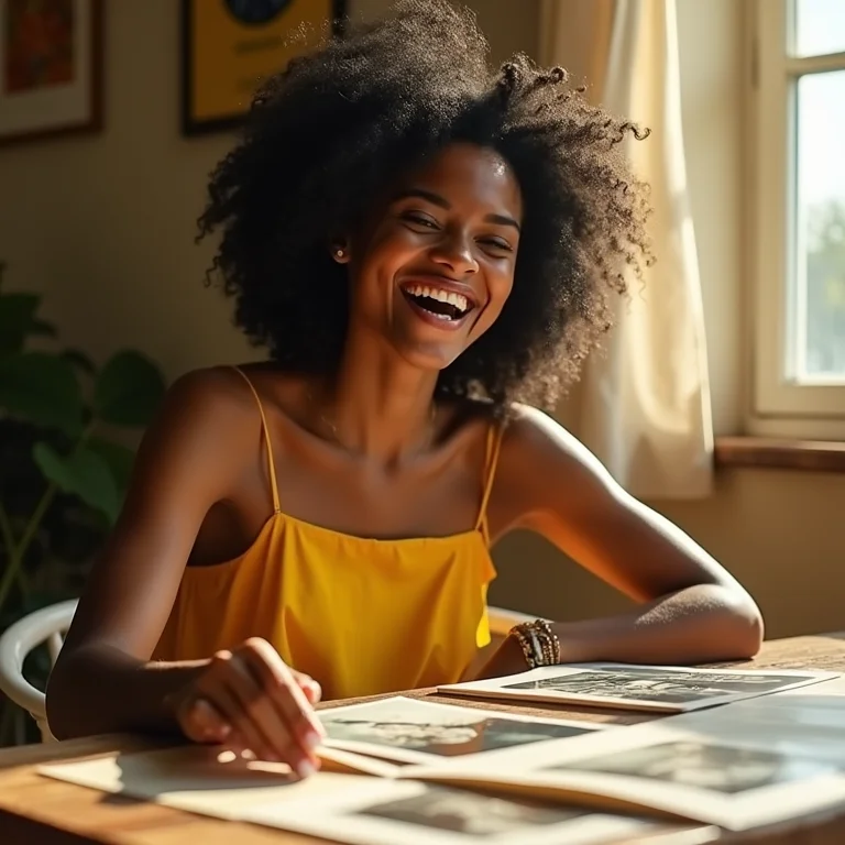 Mulher negra sorrindo ao ver fotos antigas da inauguração do Cristo Redentor