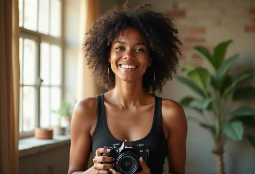 Fotografia de impacto: 7 dicas que você precisa testar hoje Mulher negra sorrindo com câmera profissional na mão.