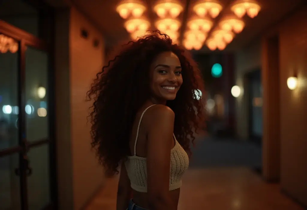 Mulher negra sorrindo em frente a teatro à noite.