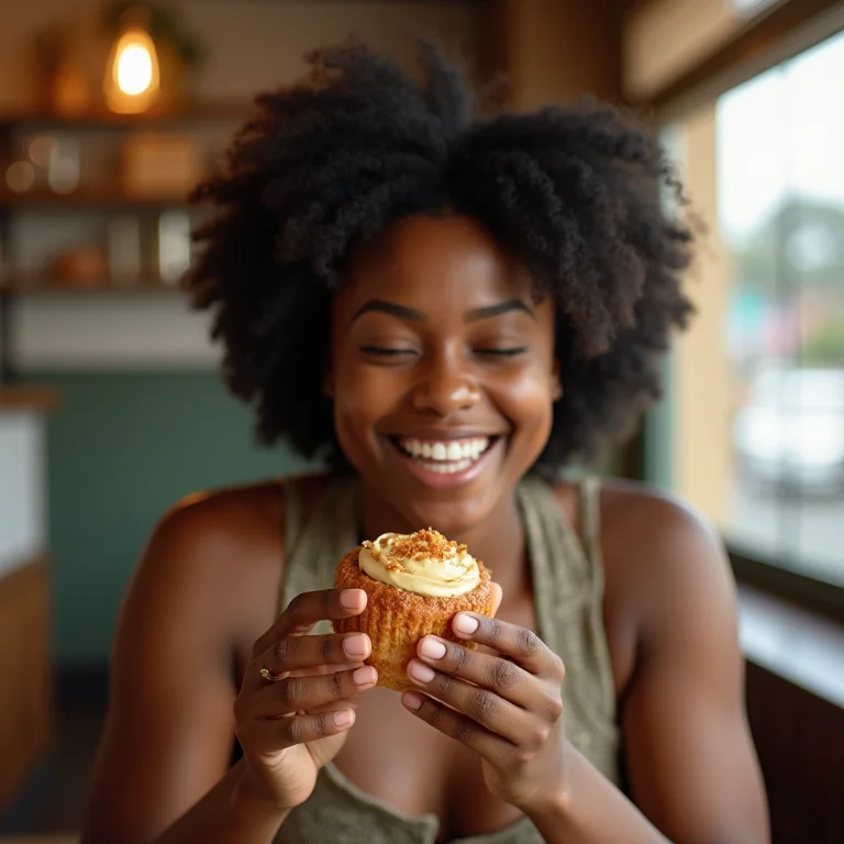 Mulher negra sorrindo em restaurante em Copacabana