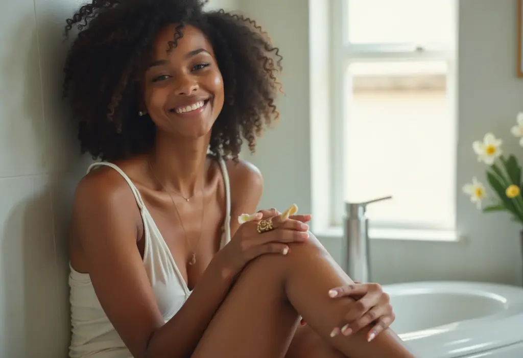 Mulher negra sorrindo enquanto aplica autobronzeador na perna