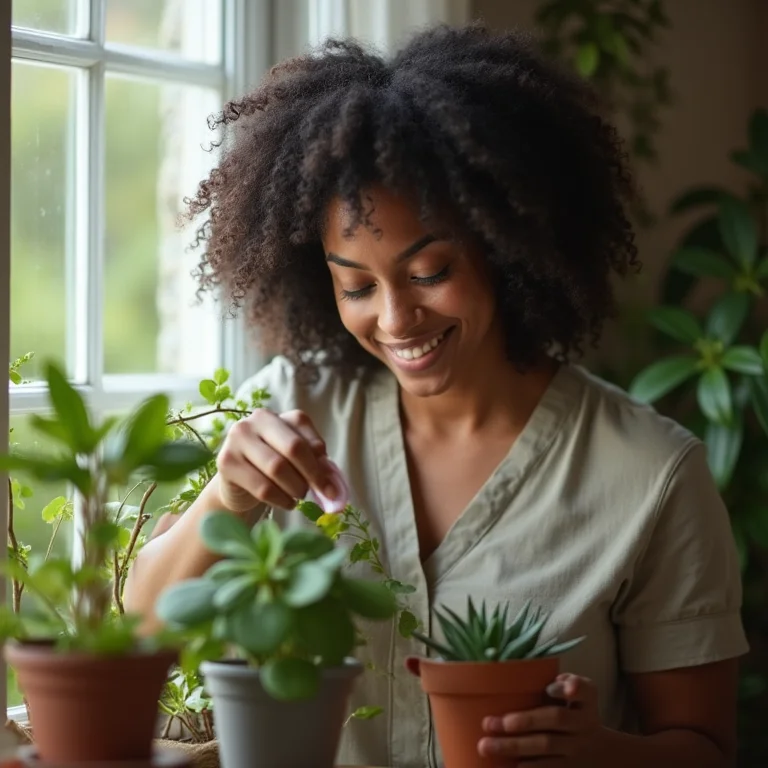 Mulher negra sorrindo enquanto cuida de plantas em uma janela.