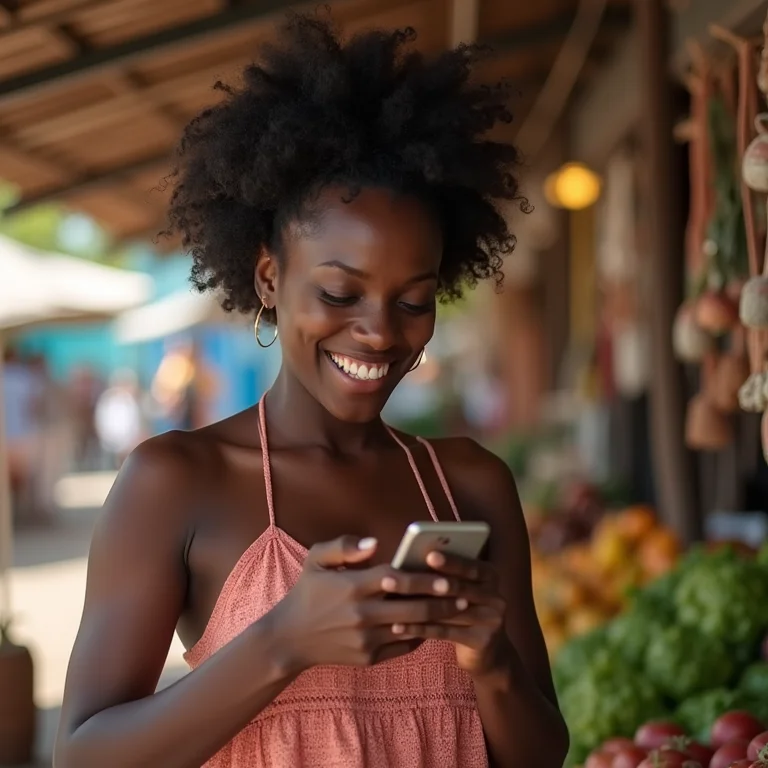 Mulher negra sorrindo enquanto planeja viagem para o Nordeste.