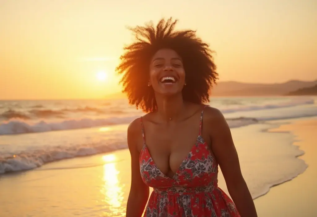 Roupas para usar na praia: o guia de looks estilosos e frescos Mulher negra sorrindo na praia com vestido colorido