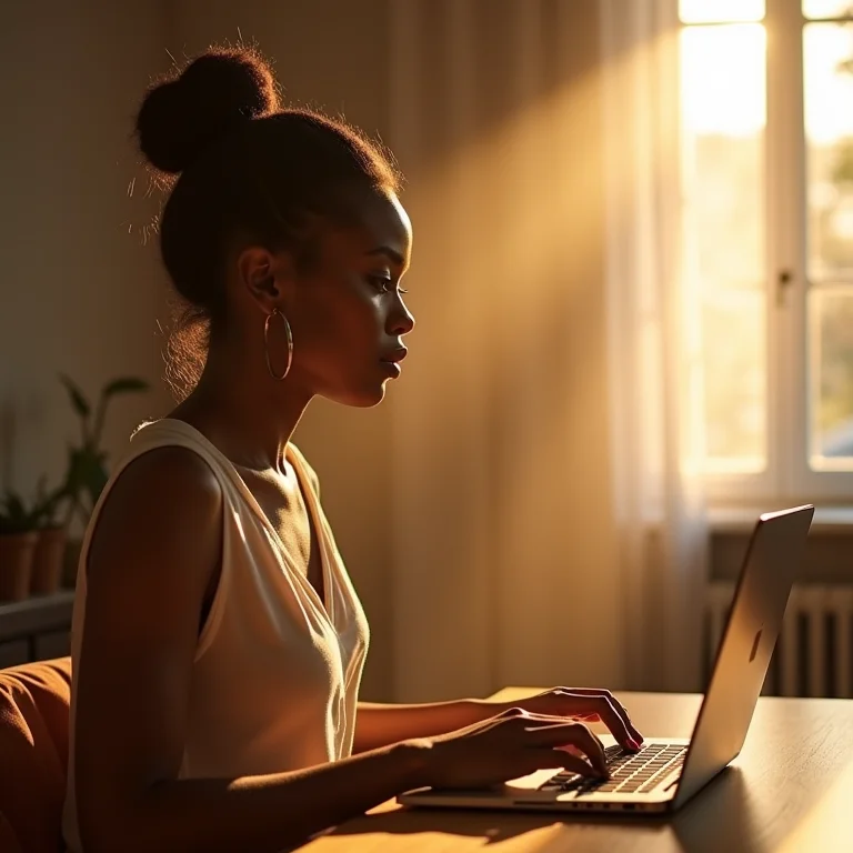 Mulher negra usando Skype para chamadas internacionais