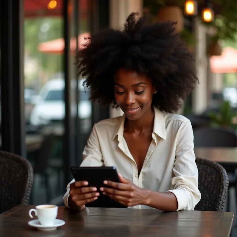 Mulher negra usando TripAdvisor em café ao ar livre.