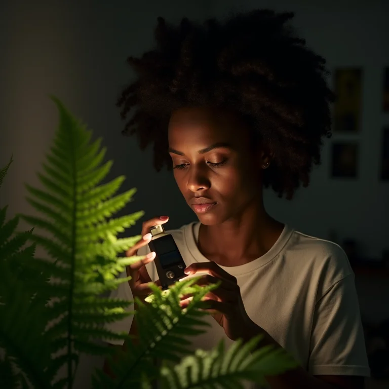Mulher negra verificando a iluminação da samambaia